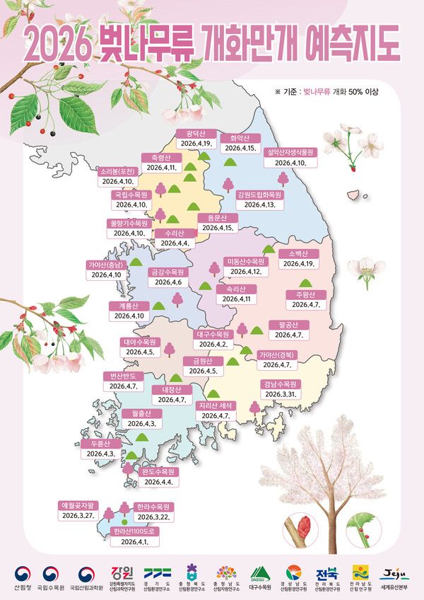 Chia sẻ bản đồ thời điểm hoa anh đào nở ở Hàn năm 2026 🌸 Mọi người chuẩn bị trước đi nha~